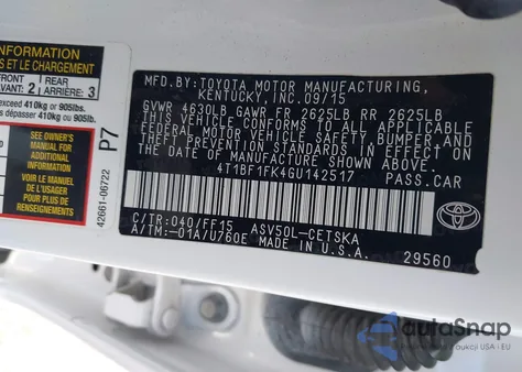 2016 Toyota Camry Se from USA, damaged, VIN 4T1BF1FK4GU142517